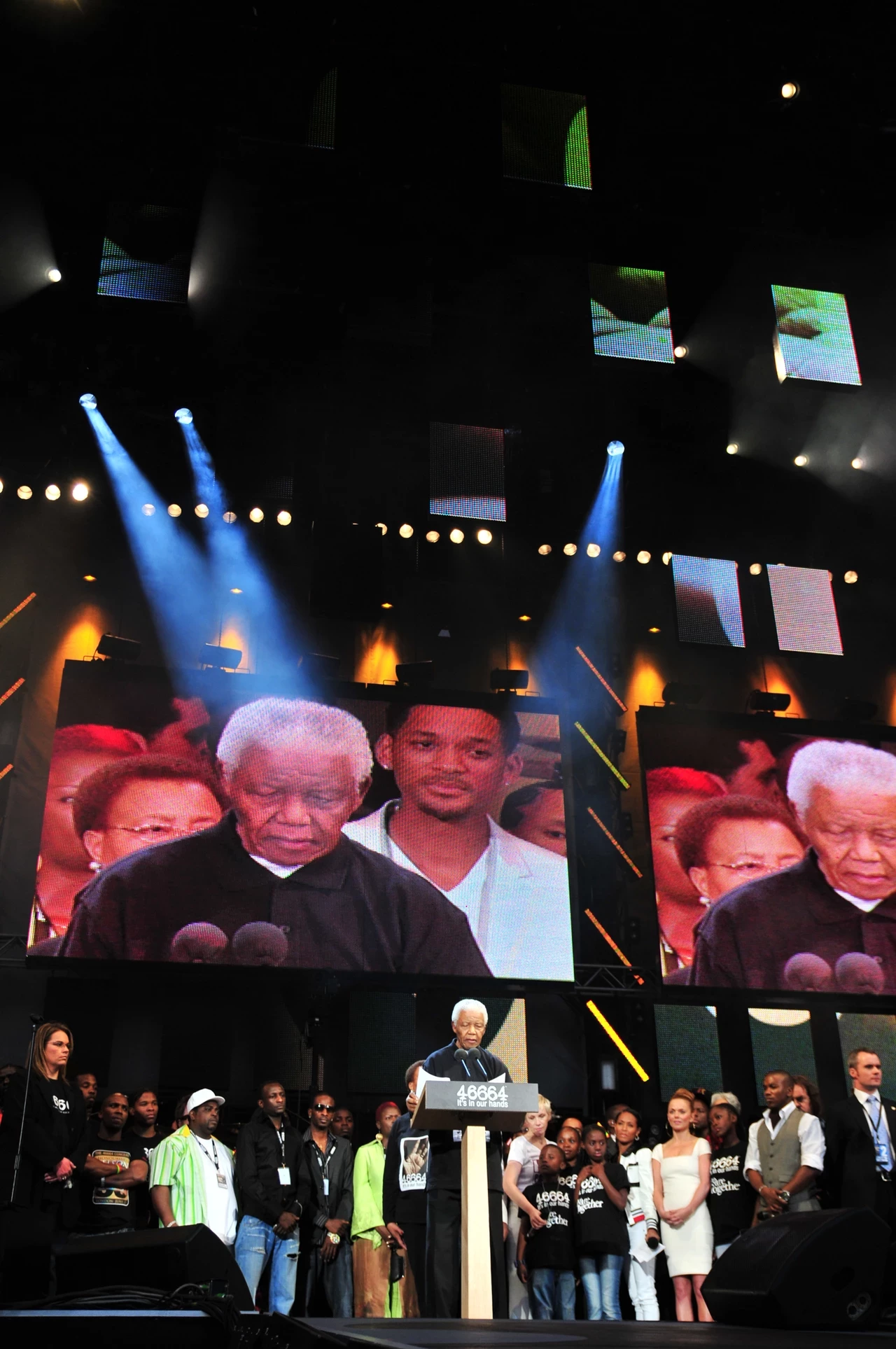 Nelson Mandela speaking in front of the crowd in Hyde Park at the 46664 concert, 2008 